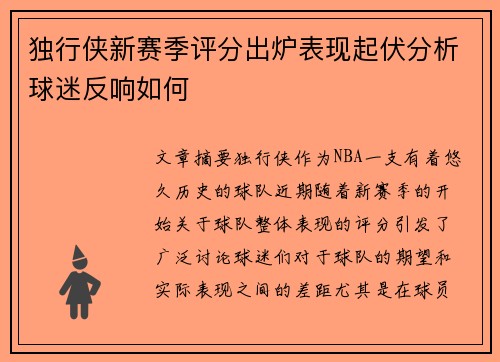 独行侠新赛季评分出炉表现起伏分析球迷反响如何