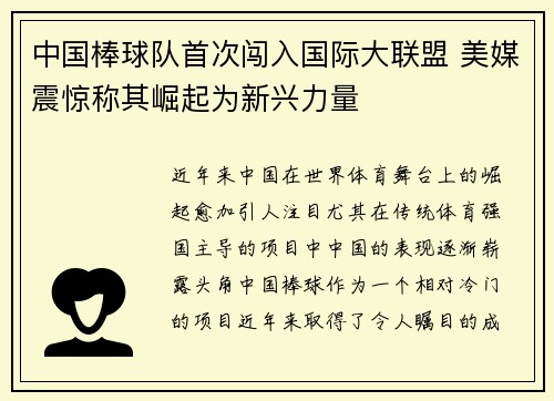中国棒球队首次闯入国际大联盟 美媒震惊称其崛起为新兴力量