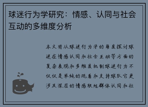 球迷行为学研究：情感、认同与社会互动的多维度分析
