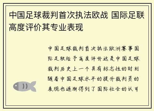 中国足球裁判首次执法欧战 国际足联高度评价其专业表现 中国足球裁判首次执法欧战 国际足联高度评价其专业表现